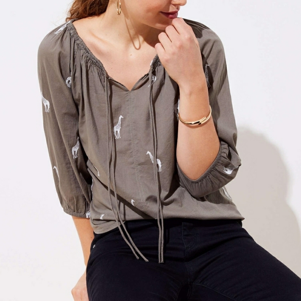 LOFT Green top with white giraffe
